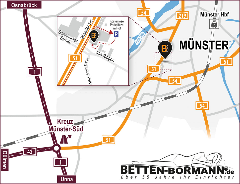 Anfahrtsskizze zu Betten Bormann Münster