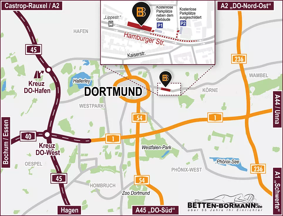 Anfahrtsskizze zu Betten Bormann Dortmund